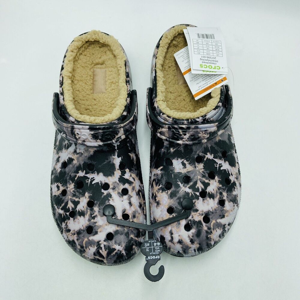 Crocs Men's 13 Classic Fleece Lined Black Bleach Dye Clog New